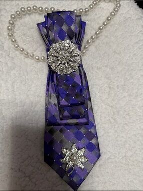 Purple and Silver Diamond-Patterned Tie Necklace with Rhinestone Accents